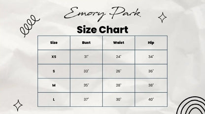 Emory Park cotton denim women’s clothing size chart with bust, waist, and hip measurements