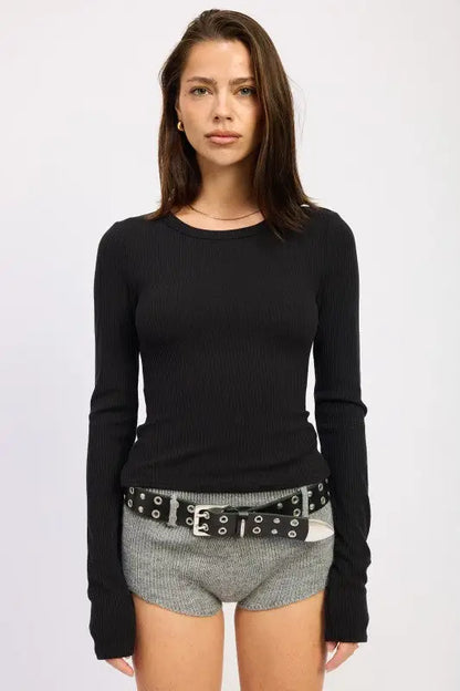 Black ribbed long-sleeved top with back chain detail from Emory Park