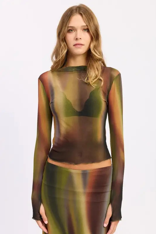Sheer long sleeve mesh lounging top with abstract multicolored gradient and lettuce-edge hems