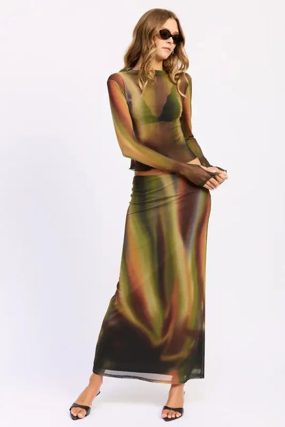 Emory Park long sleeve mesh lounging set with swirl print maxi skirt for stylish mesh lounging boardwalk wear