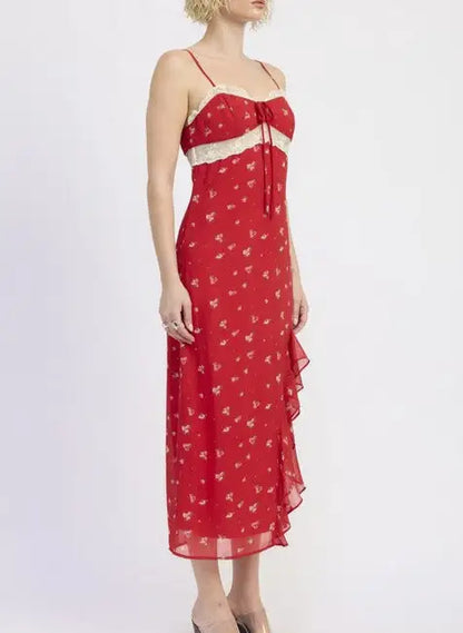 Red floral midi dress with white lace trim and heart pattern from Emory Park