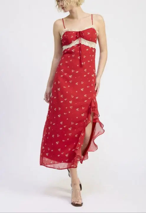 Red floral midi slip dress with lace trim and ruffled slit from Emory Park