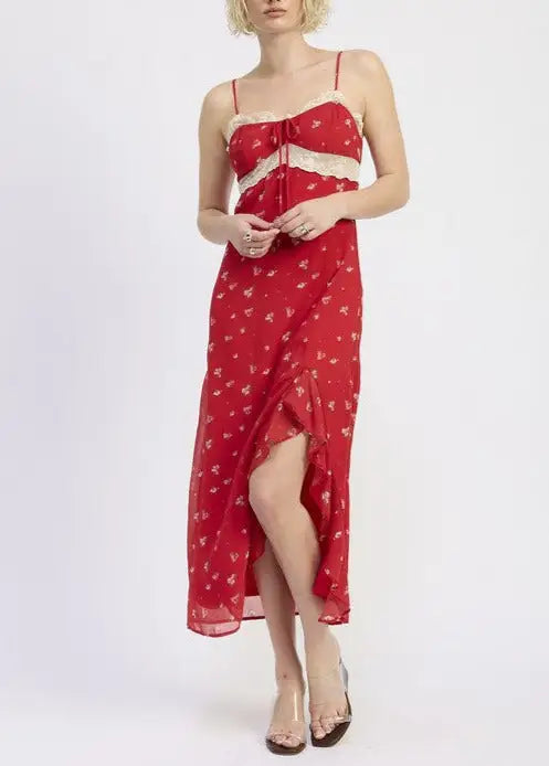 Red floral midi slip dress with lace trim from Emory Park’s floral midi collection