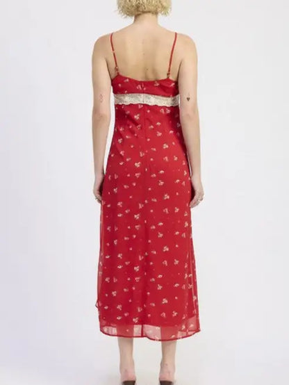 Red floral midi slip dress with white lace trim from Emory Park’s floral midi collection