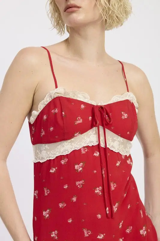 Red floral midi dress with spaghetti straps, lace trim, perfect for summer days