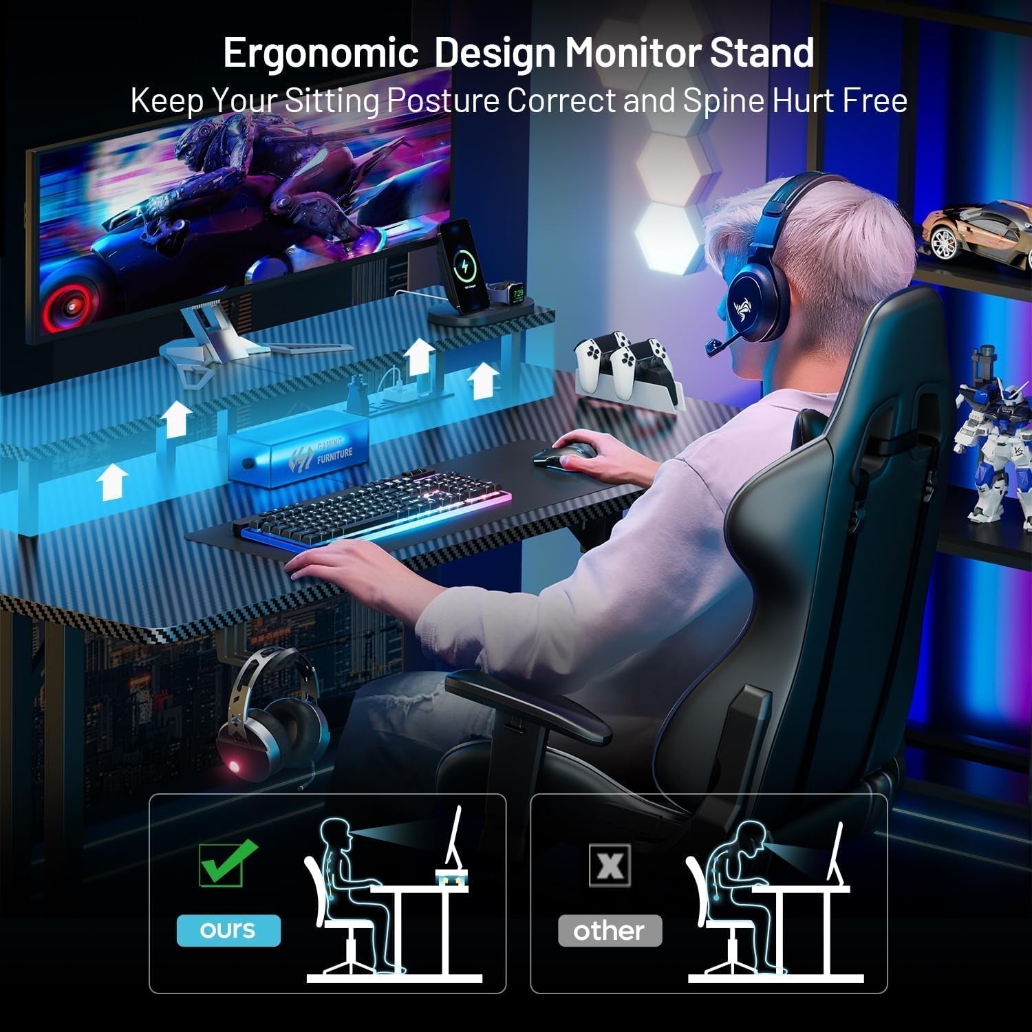 Ergonomic 63 Inch Gaming Desk With LED Lights-4