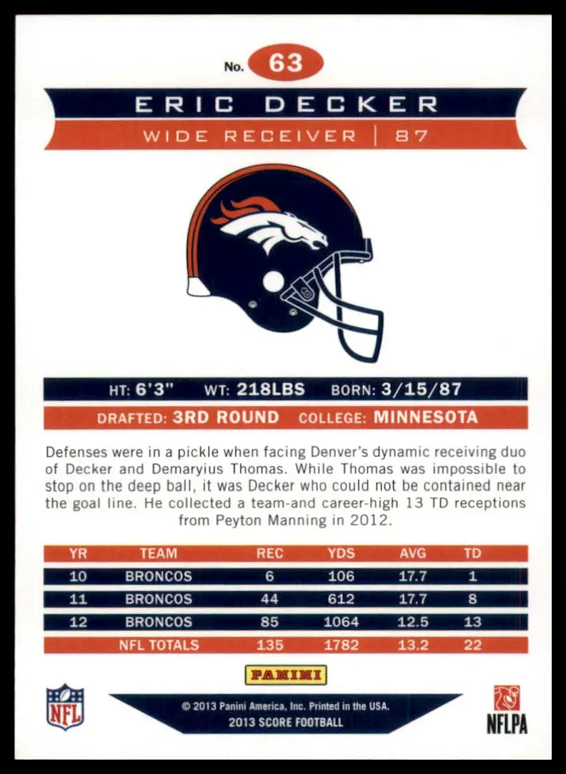 Eric Decker 2013 Score Football trading card featuring Denver Broncos player