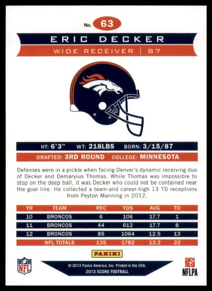 Eric Decker 2013 Score Football trading card featuring Denver Broncos player