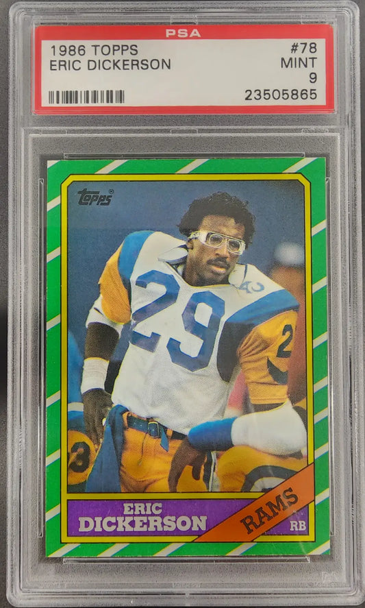 PSA-graded Eric Dickerson 1986 Topps #78 football trading card in mint condition