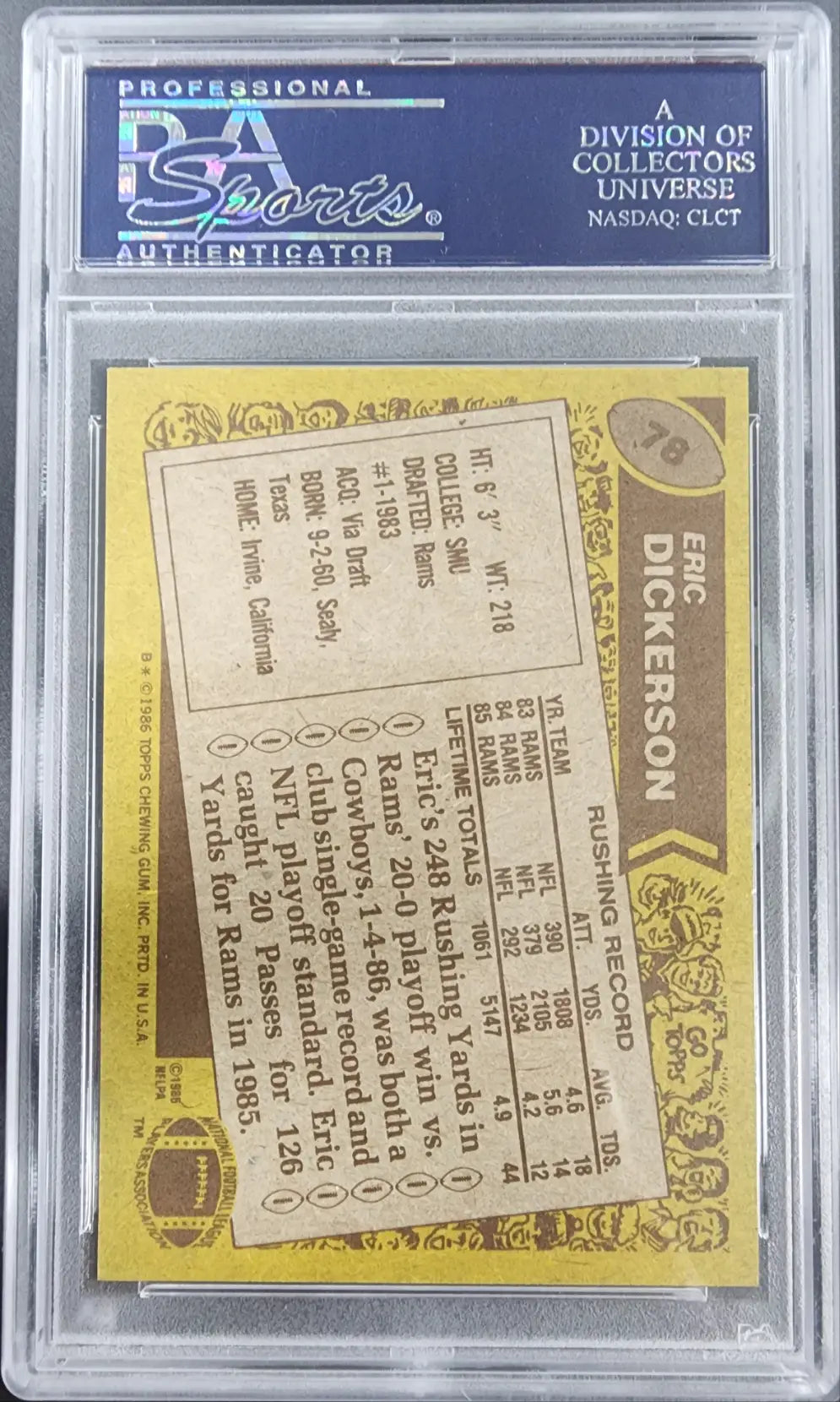 Eric Dickerson 1986 Topps #78 PSA 9 Mint Trading Card in Protective Case