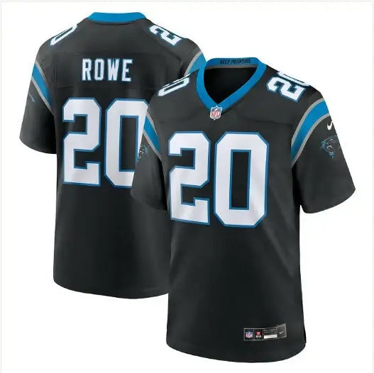 Black Carolina Panthers NFL jersey featuring Eric Rowe number 20 for sale