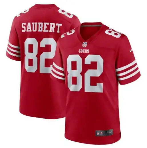 Red San Francisco 49ers football jersey with number 82 and Saubert on the back