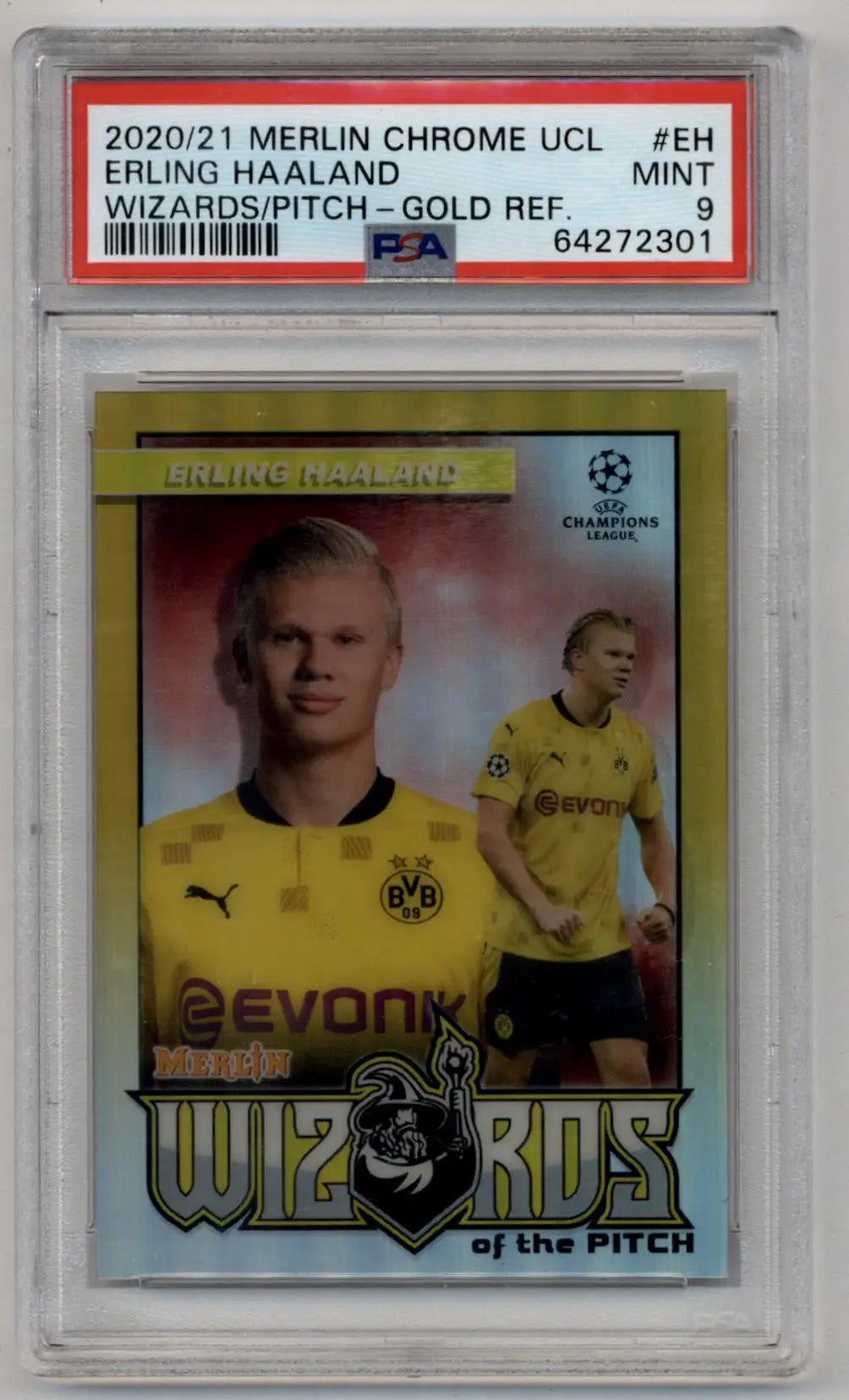 Graded Erling Haaland soccer trading card featuring Merlin Chrome UCL Wizards of the Pitch Gold Refractor