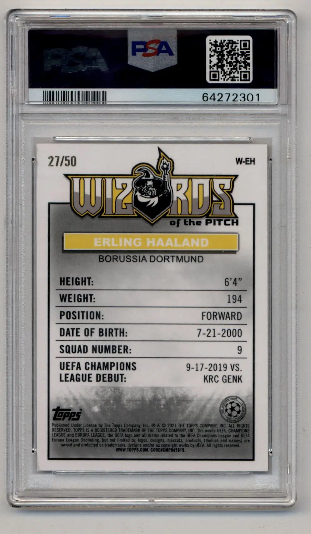 PSA-graded Erling Haaland chrome UCL Merlin Chrome UCL soccer card in mint condition