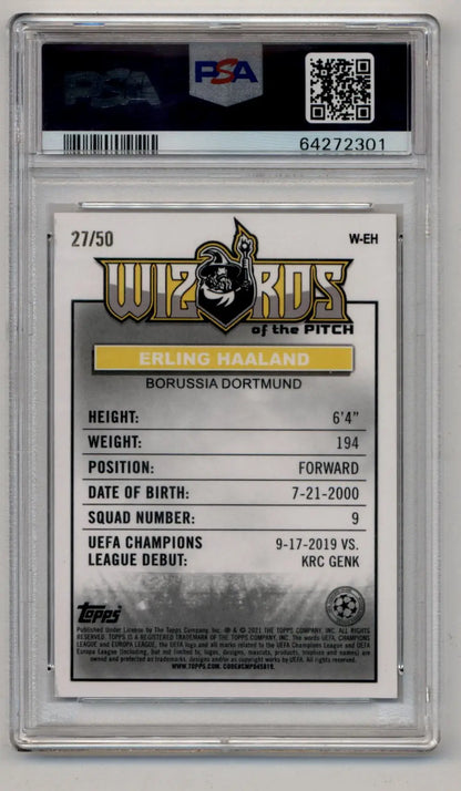 PSA-graded Erling Haaland chrome UCL Merlin Chrome UCL soccer card in mint condition