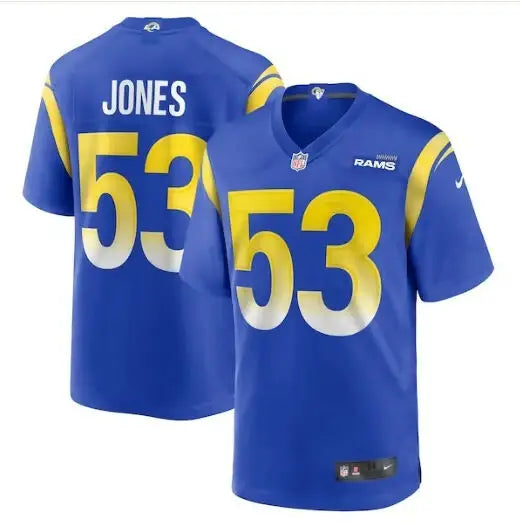 Blue Los Angeles Rams Ernest Jones Nike Game Player Jersey with number 53 and JONES on back