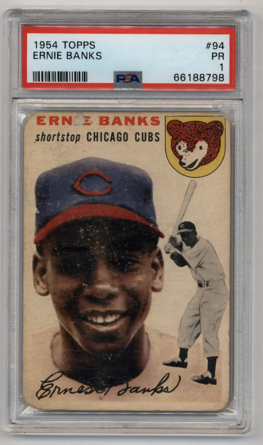 Ernie Banks 1954 Topps Rookie #94 baseball card in protective case for trading cards