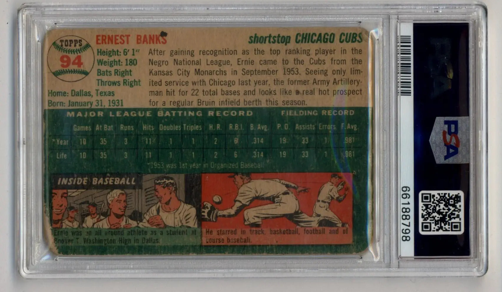 Vintage Ernie Banks Topps Rookie trading card with cartoon illustrations and stats