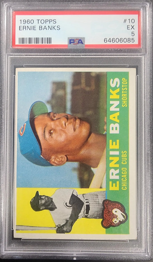 PSA-graded 1960 Topps Ernie Banks baseball card in protective case for trading cards collection