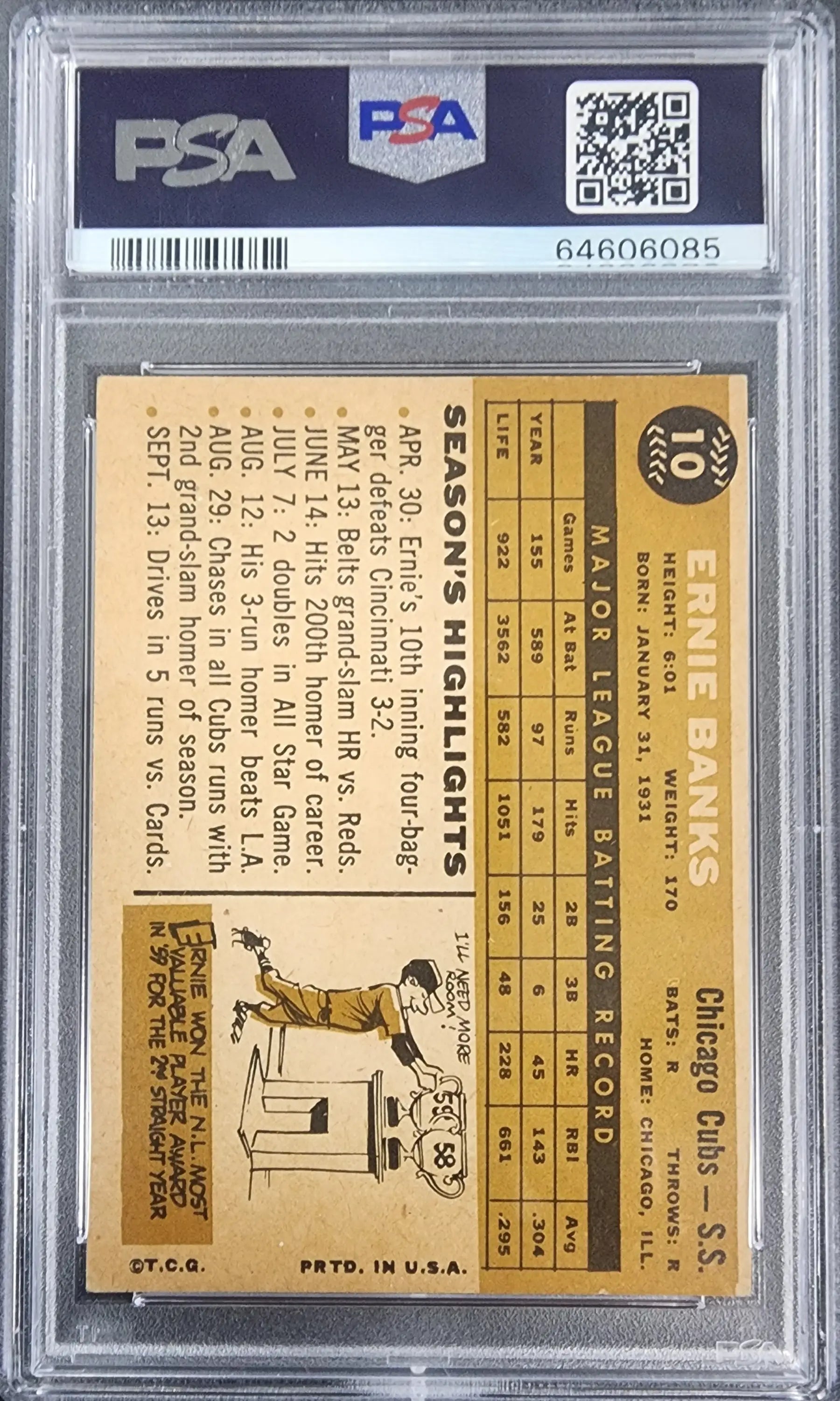 PSA-graded Ernie Banks 1960 Topps trading card featuring cartoon baseball player design