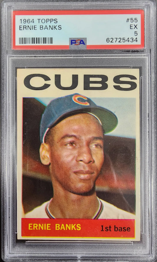 Ernie Banks 1964 Topps #55 PSA 5 EX baseball card in protective case for trading cards