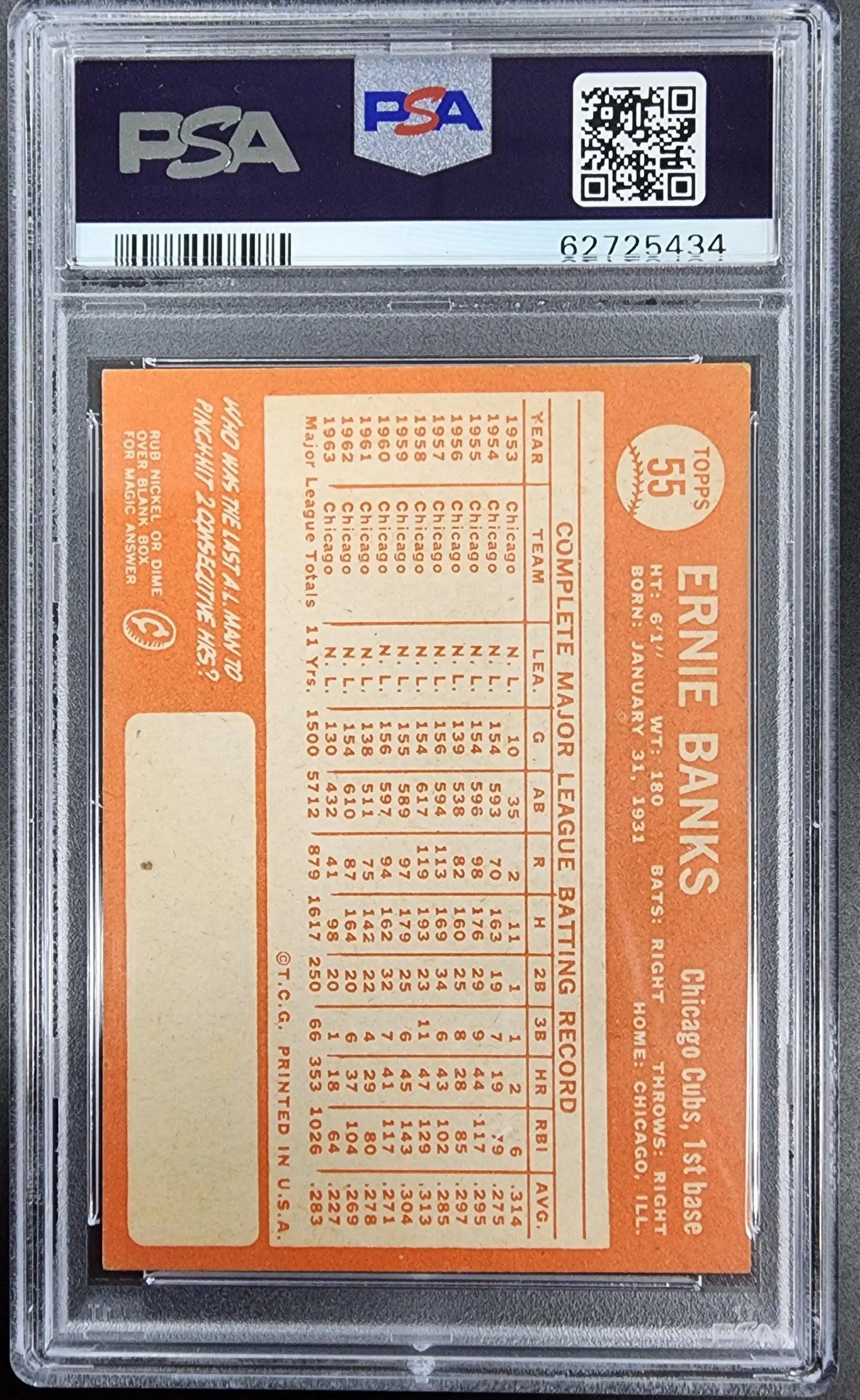 Ernie Banks 1964 Topps #55 PSA 5 EX trading card with orange statistics on the back
