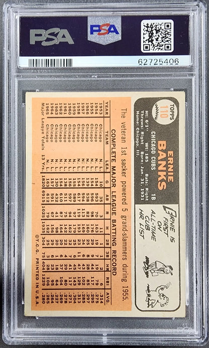 PSA-graded Ernie Banks 1966 Topps #110 vintage baseball card with stats and player info