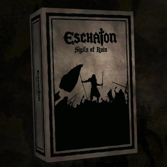 Boxed board game Eschaton: Sigils of Ruin featuring unique cults and themed cults