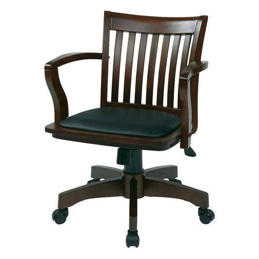 Espresso Bankers Chair with Black Vinyl Padded Seat and Wood Arms - Office Chairs