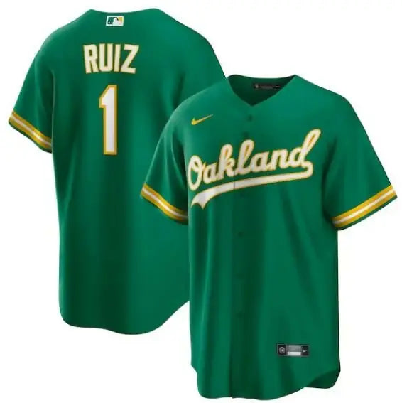 Green Oakland Athletics baseball jersey displayed for Esteury Ruiz Nike Alternate Replica product