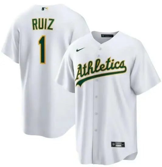White Oakland Athletics baseball jersey featuring Esteury Ruiz Nike Home Replica logo