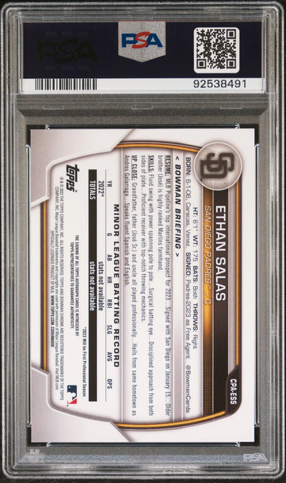 PSA-graded Ethan Salas 2023 Bowman Chrome Blue Raywave Auto card back view encapsulated