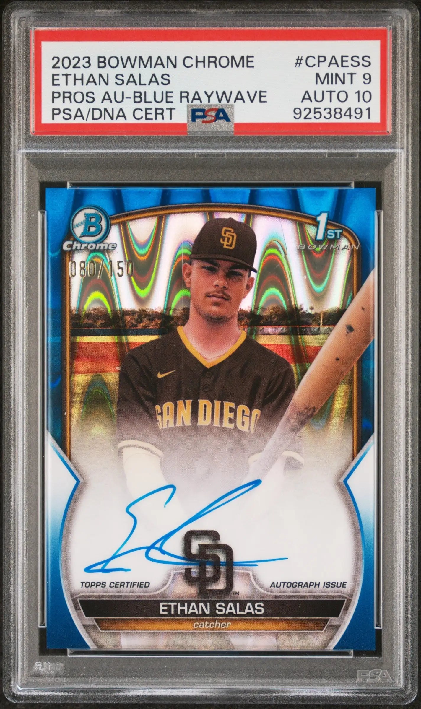 PSA-graded Ethan Salas 2023 Bowman Chrome Blue Raywave Auto featuring Padres player