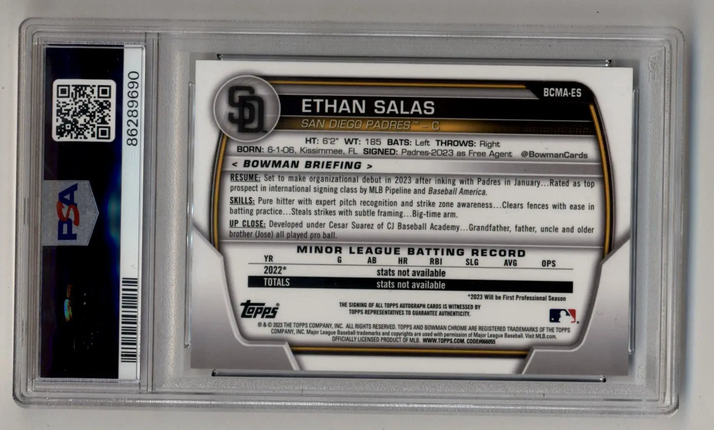 Ethan Salas 2023 Bowman Chrome Mega Auto in a protective case with QR code