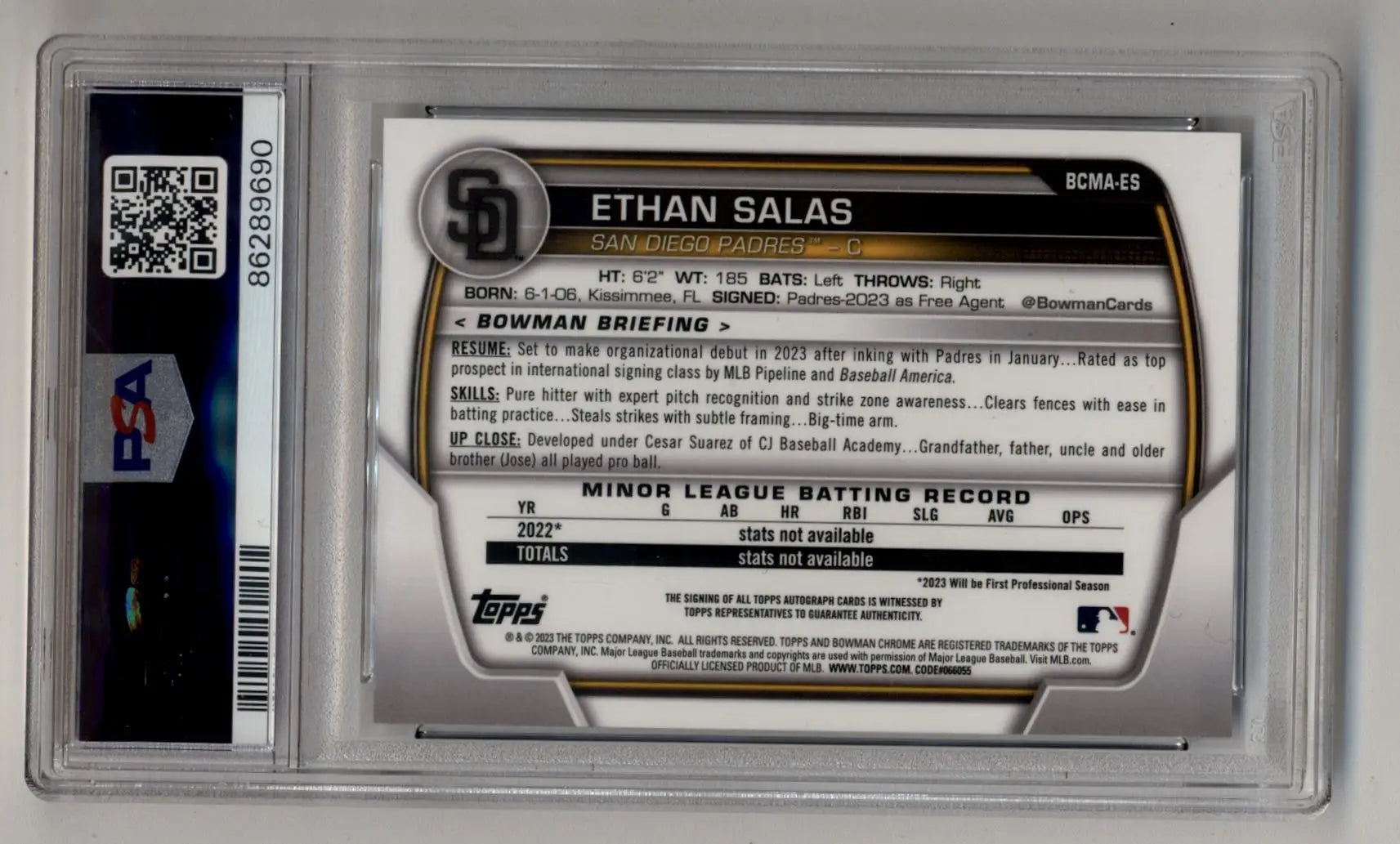 Ethan Salas 2023 Bowman Chrome Mega Auto in a protective case with QR code