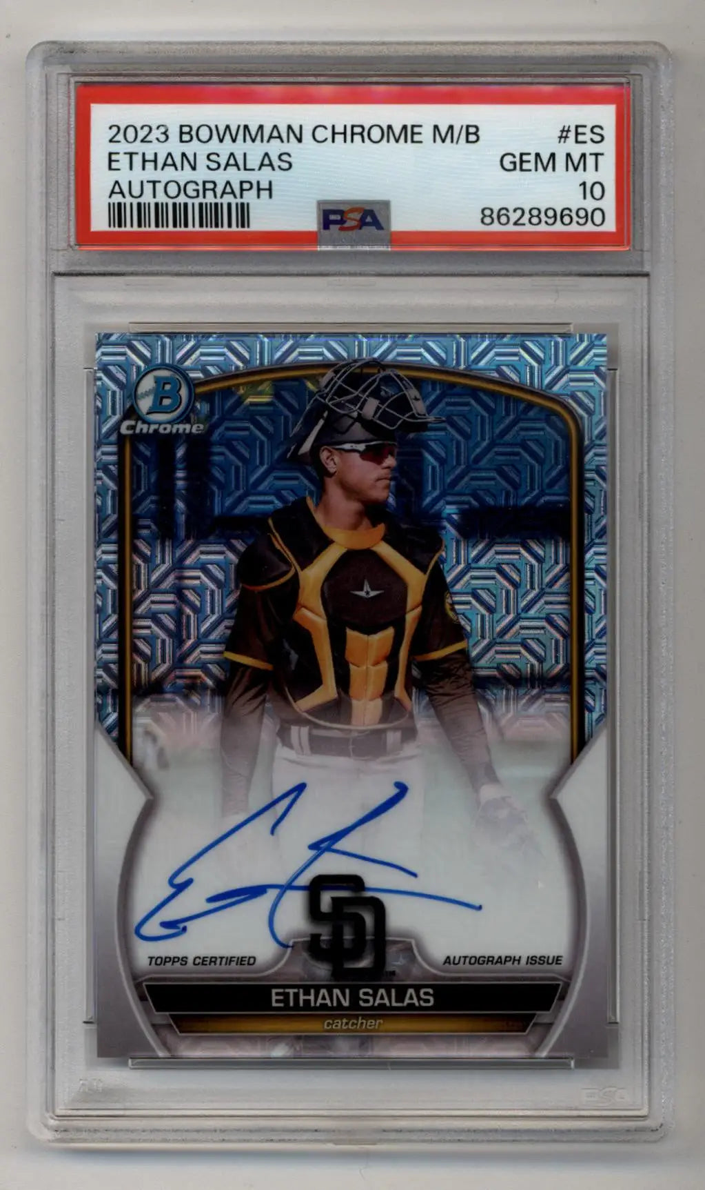 PSA-graded Ethan Salas 2023 Bowman Chrome Mega Auto against blue geometric background