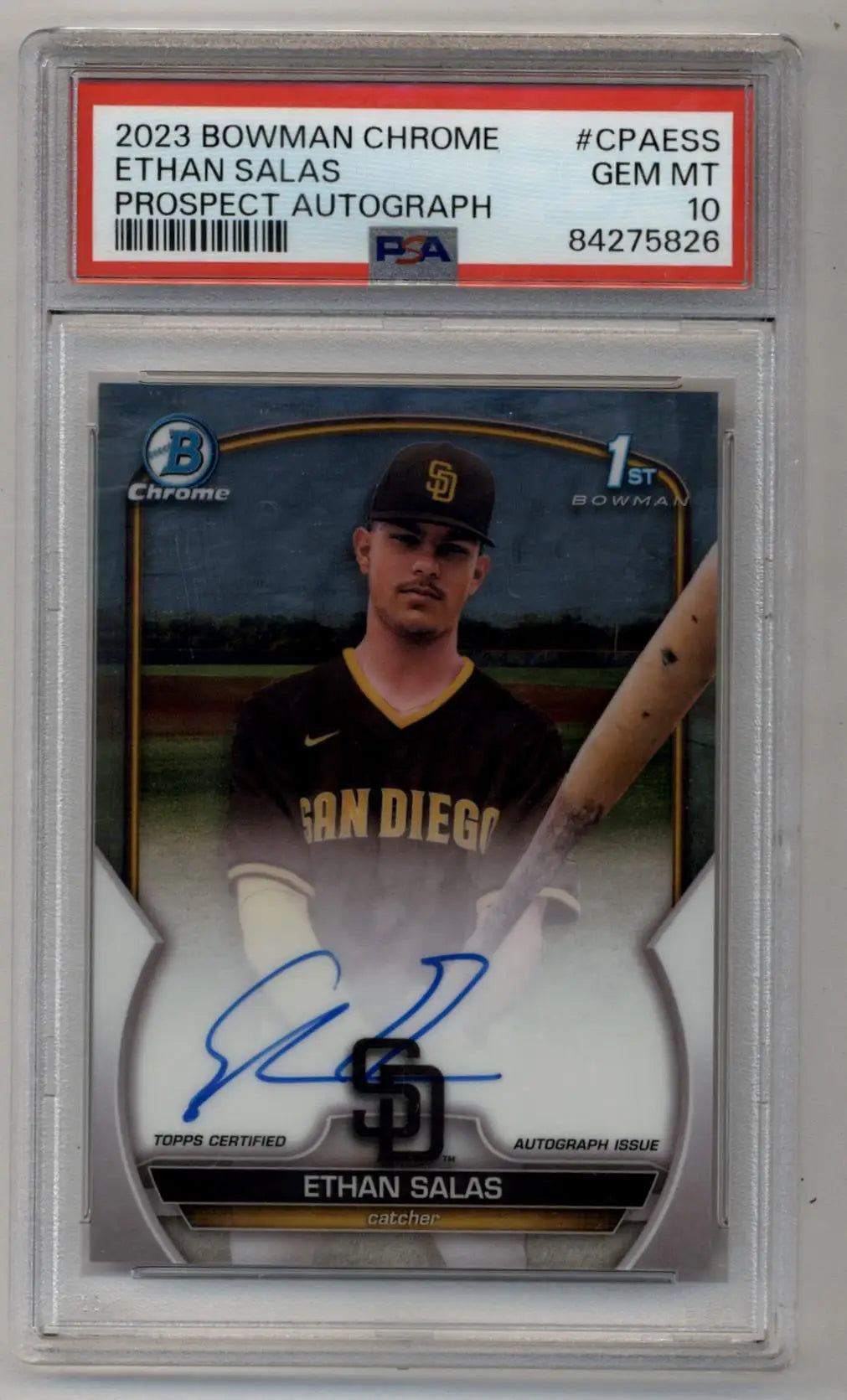 PSA-graded 2023 Bowman Chrome Prospect Auto Ethan Salas baseball card in Gem Mint 10