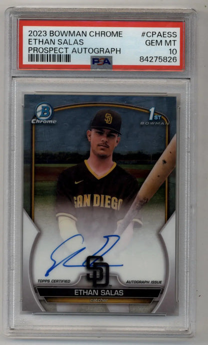 PSA-graded 2023 Bowman Chrome Prospect Auto Ethan Salas baseball card in Gem Mint 10