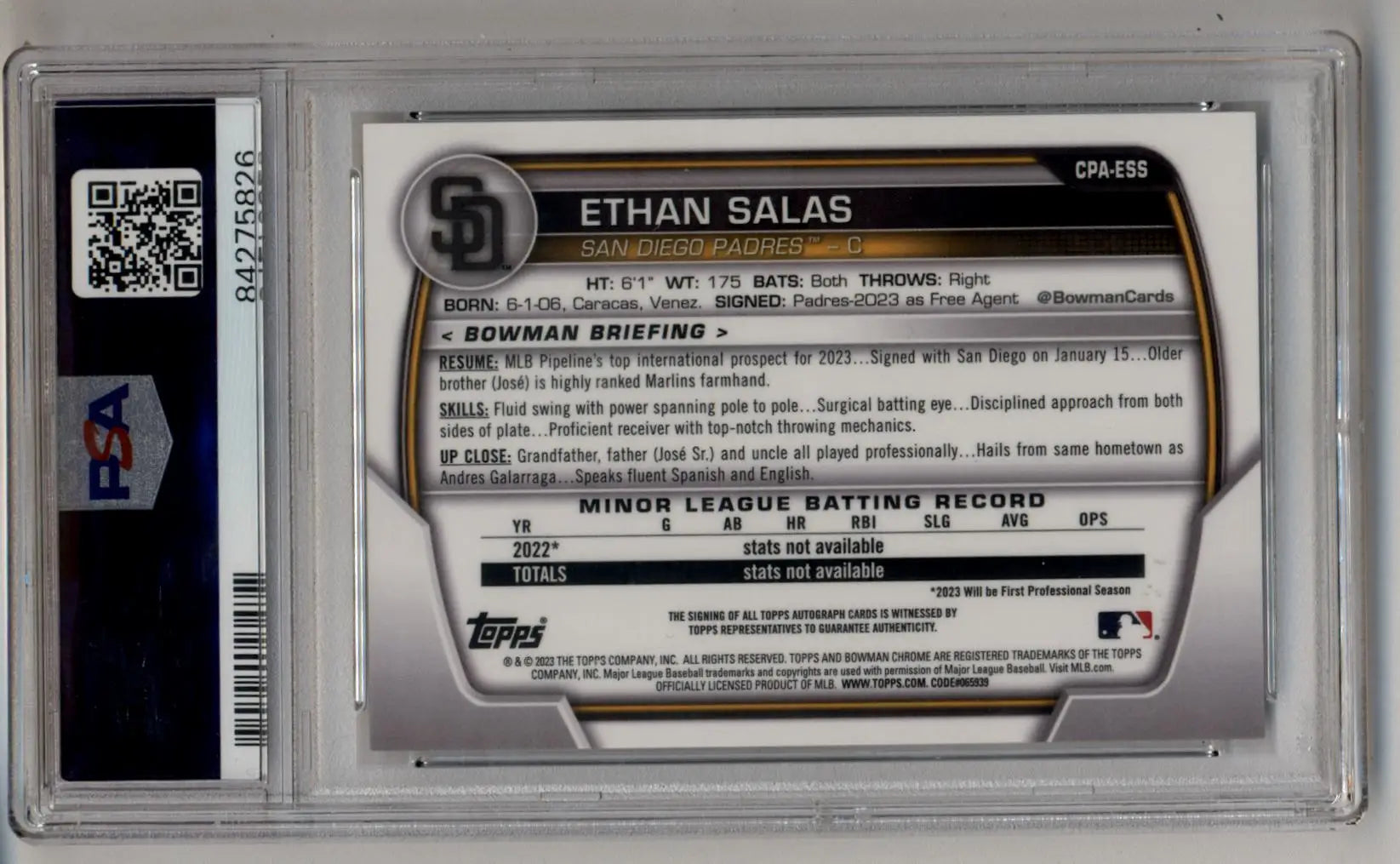 Baseball card of Ethan Salas Bowman Chrome Prospect Auto PSA 10 Gem Mint