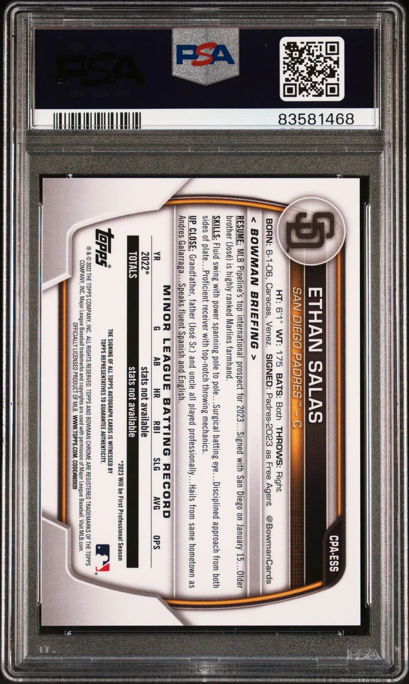 Ethan Salas 2023 Bowman Chrome Prospect Autograph PSA 10 - Singles