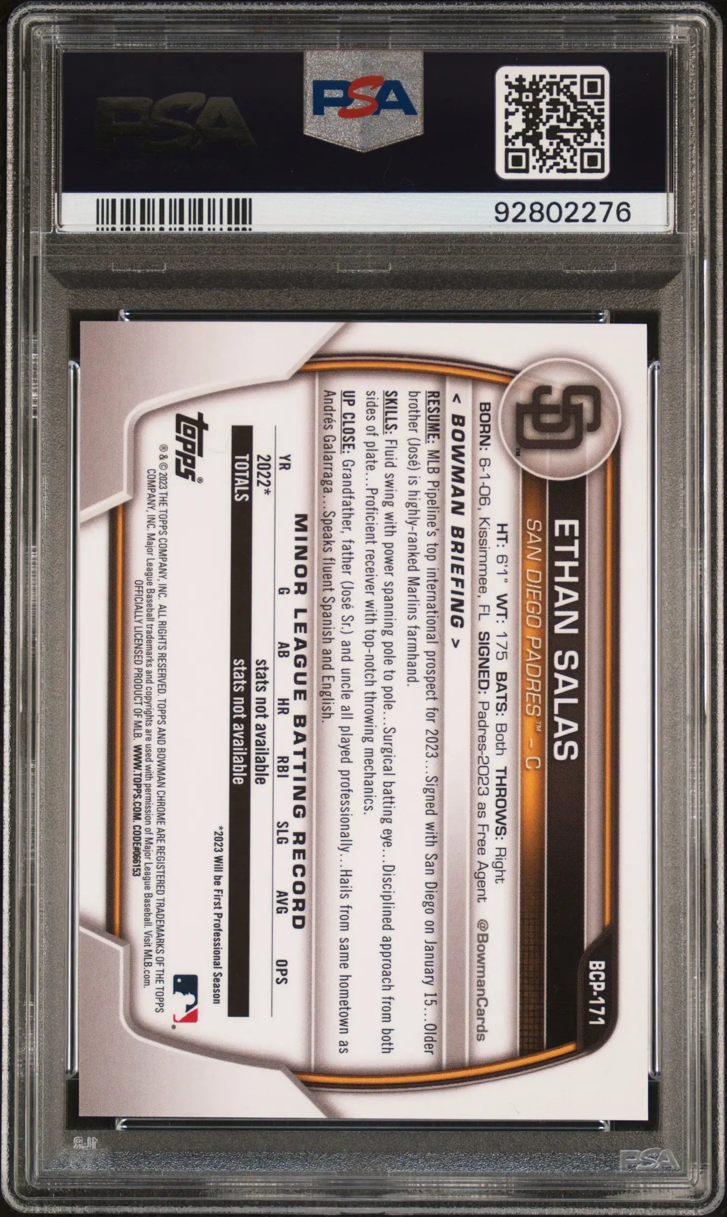 PSA-graded Ethan Salas Bowman Chrome Sapphire Aqua baseball card 2023 Mint