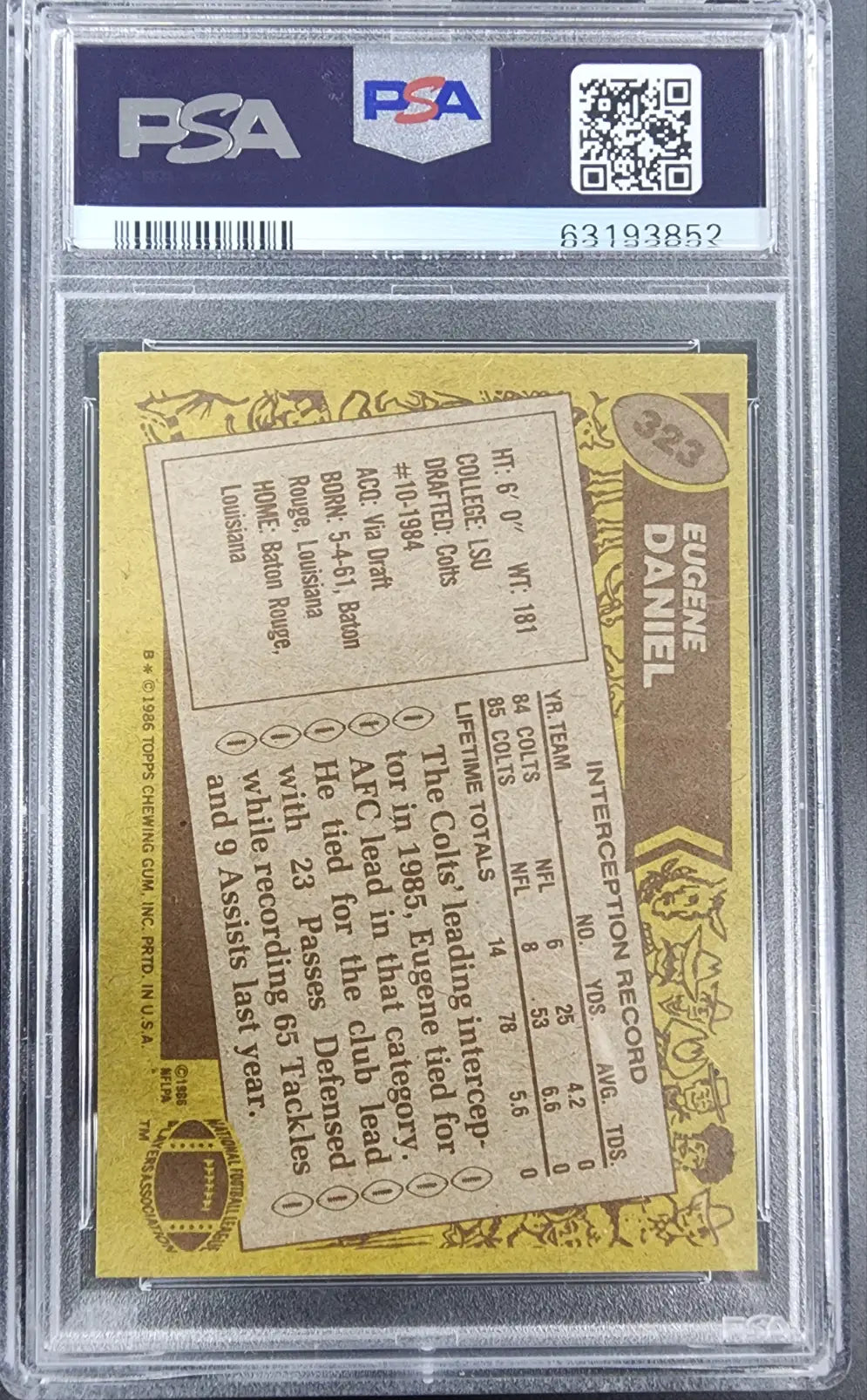 Eugene Daniel 1986 Topps #323 trading card in PSA 10 Gem Mint protective case