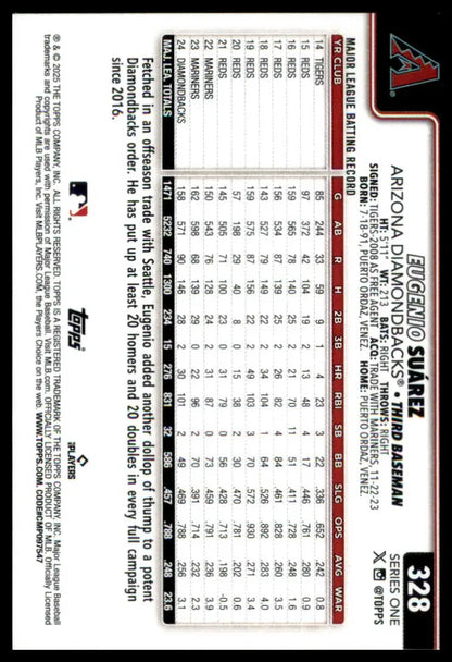 Baseball card back featuring Eugenio Suárez 2025 Topps #328 Arizona Diamondbacks