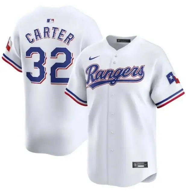 White Texas Rangers baseball jersey featuring Evan Carter Nike Home Limited Player Jersey