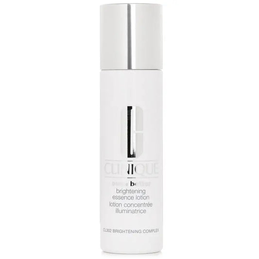 White Clinique Brightening Essence Lotion in a bottle with silver cap for glowing skin