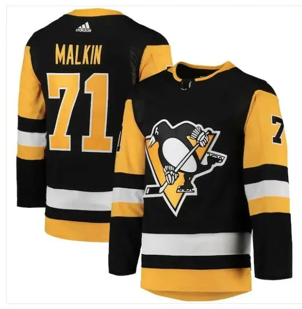 Black and gold Pittsburgh Penguins Evgeni Malkin jersey with MALKIN 71 on the back