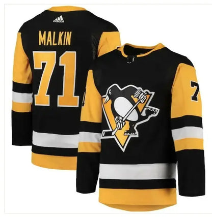 Black and gold Pittsburgh Penguins Evgeni Malkin jersey with MALKIN 71 on the back