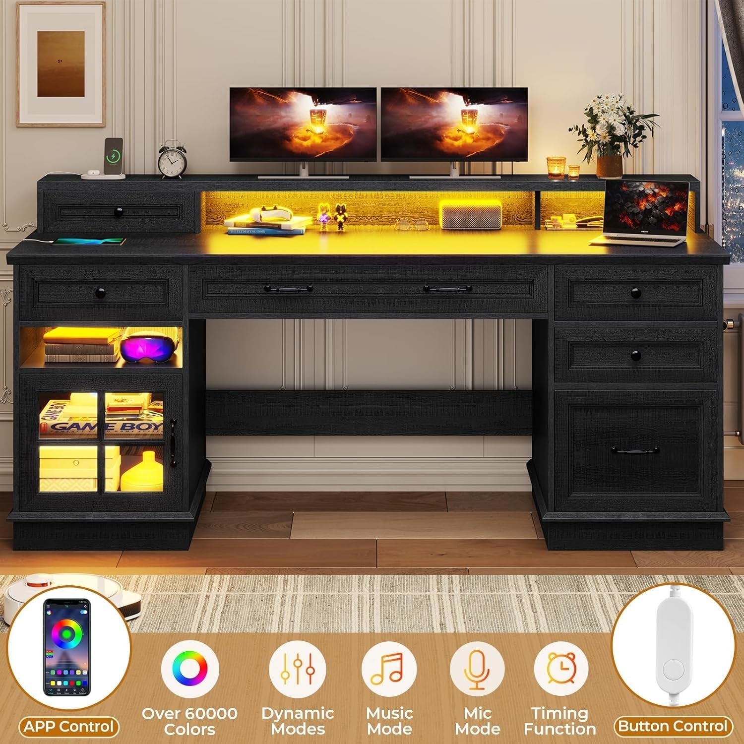 Executive Desk with Charging Station and LED Lights-4