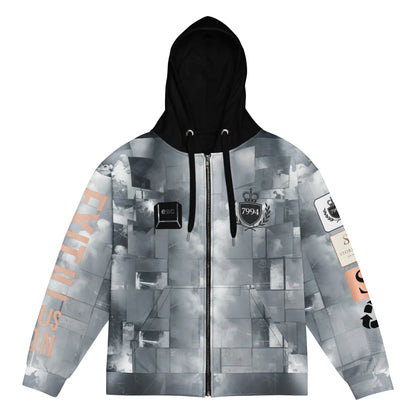 Black and gray EXIT ILLUSION hoodie with patchwork pattern and embroidered patches