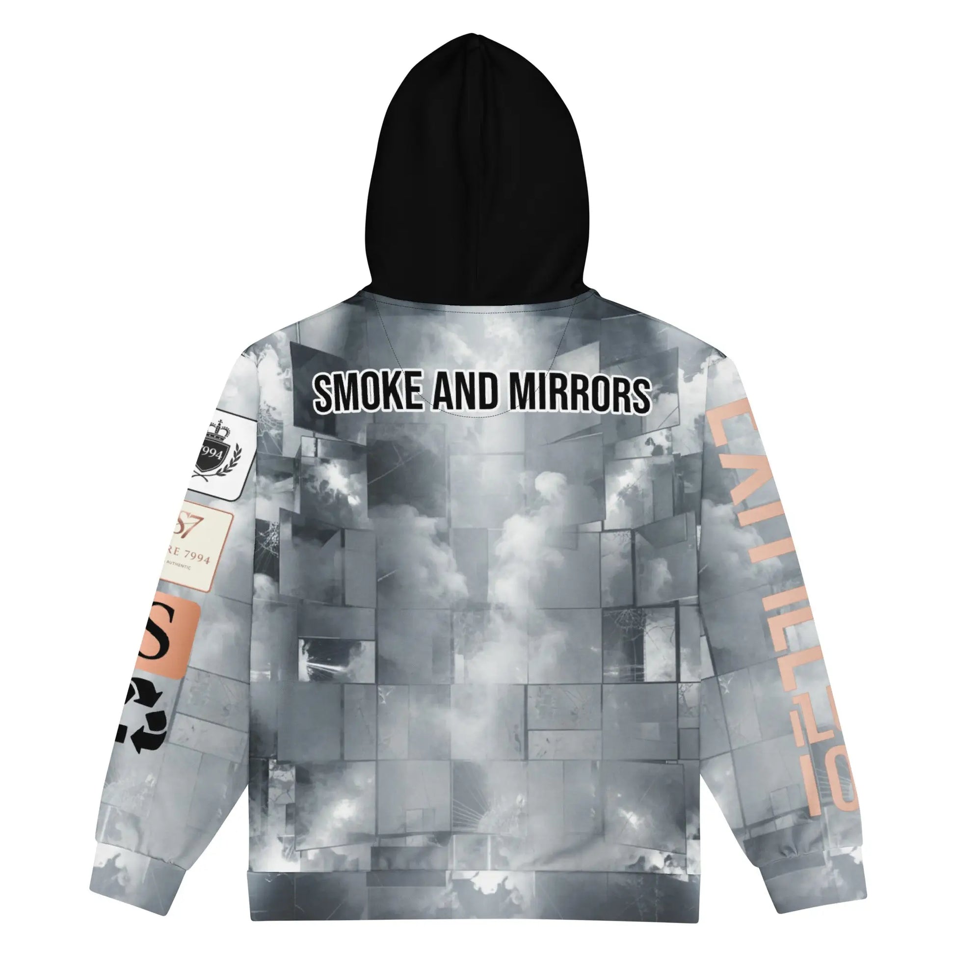 Black exit illusion hoodie with grey cloudy mirrored pattern from EXIT ILLUSION collection